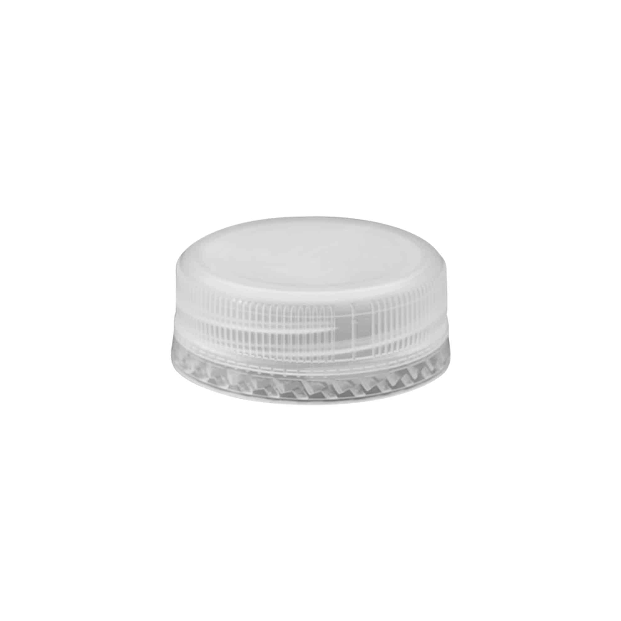 Capac cu filet cu două începuturi, material plastic PE, alb, pentru închidere: PET 38 mm